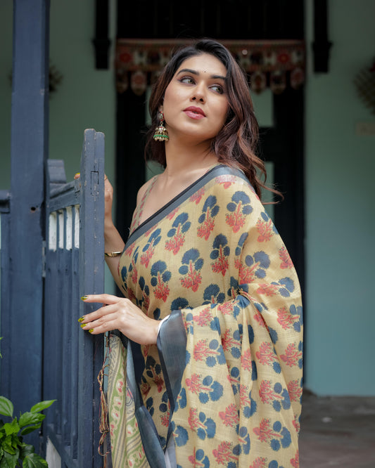 Beige and Charcoal Pure Cotton Linen Saree with Floral Print And Tassel Detailing With Unstitched Blouse