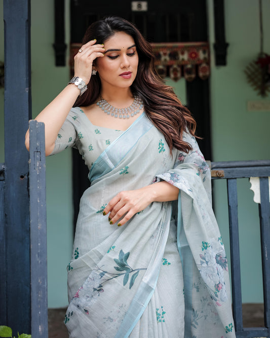 Pastel Grey Pure Cotton Linen Saree with Floral Print, , and Tassel Detailing With Unstitched Blouse