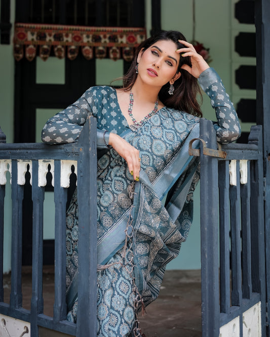 Teal Blue Pure Cotton Linen Saree with Geometric Block Print And Tassel Detailing With Unstitched Blouse