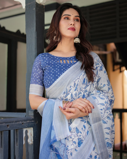 Blue and White Floral Pure Cotton Linen Saree and Tassels With Unstitched Blouse