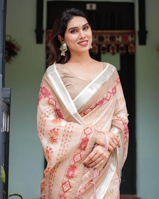 Peach Beige Linen Printed Saree with Designer Border and Tassel Detailing with Unstitched Blouse for Women