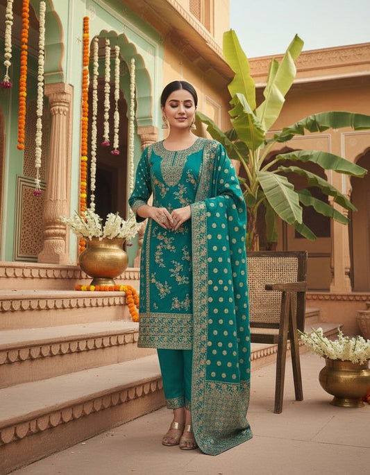 Women's Jacquard Polyester Kurta Set with Bottom & Jacquard Dupatta | Stitched Ethnic Wear for Women