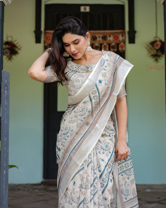 Beige and Blue Floral Printed Pure Cotton Linen Saree and Tassels With Unstitched Blouse