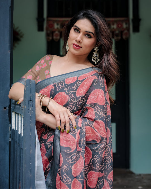 Charcoal Black Pure Cotton Linen Saree with Leafy Paisley Print And Tassel Detailing With Unstitched Blouse