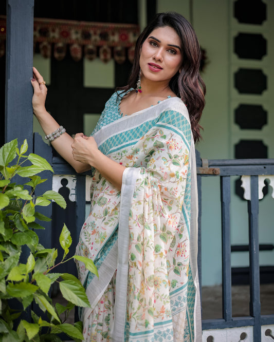 Elegant Floral Printed Pure Cotton Linen Saree in Ivory with Teal Border and , Tassels on Edges With Unstitched Blouse