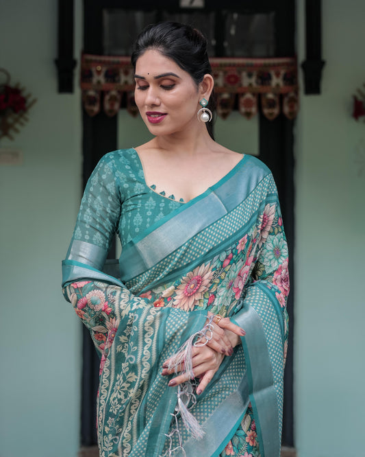 Teal Green Linen Floral Printed Saree with Rich Border Design and Tassel Detailing with Unstitched Blouse for Women