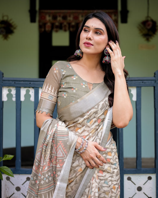 Beige Pure Cotton Linen Saree with Geometric and Leaf Pattern And Tassels With Unstitched Blouse