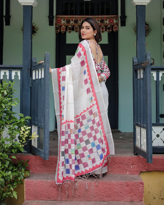 White Pure Cotton Linen Saree with Multicolor Checkered Design And Tassel Detailing With Unstitched Blouse