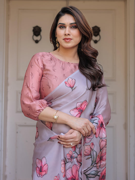 Lavender Satin Georgette Floral Printed Saree with Rose Pink Blouse for Women | Elegant Soft Party Wear Designer Saree