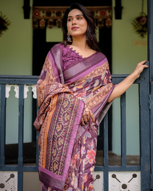 Purple Floral Printed Pure Cotton Linen Saree and Tassels With Unstitched Blouse