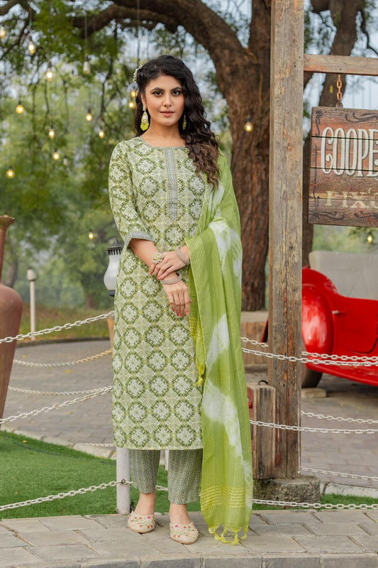 Women's Cotton Blend Printed Kurta Set with Bottom & Chanderi Dupatta | Stitched Ethnic Wear for Women