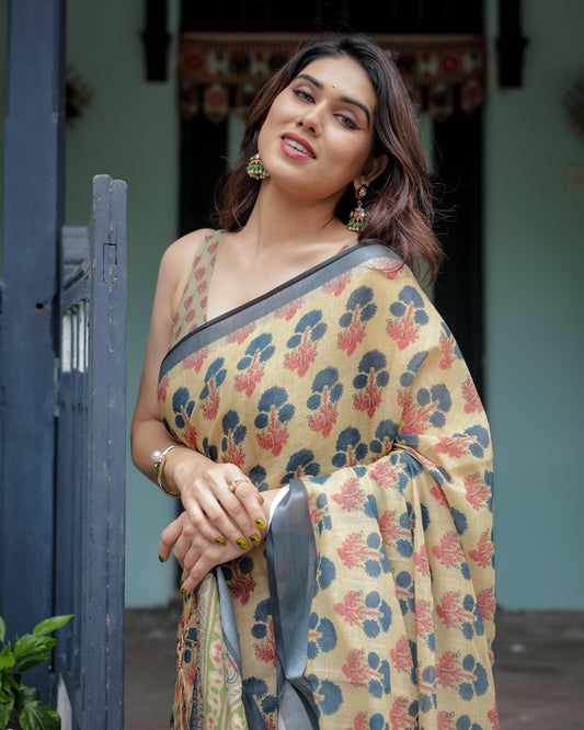 Beige and Charcoal Pure Cotton Linen Saree with Floral Print And Tassel Detailing With Unstitched Blouse