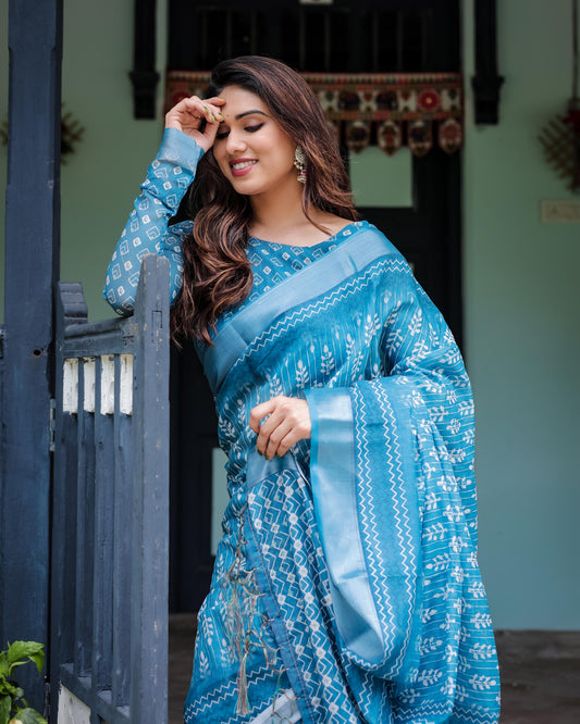 Turquoise Pure Cotton Linen Saree with White Floral Design, , and Tassel Edges With Unstitched Blouse