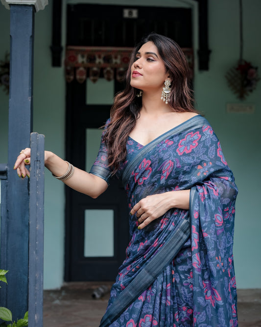 Navy Blue Pure Cotton Linen Saree with Floral Print, , and Tassel Detailing With Unstitched Blouse