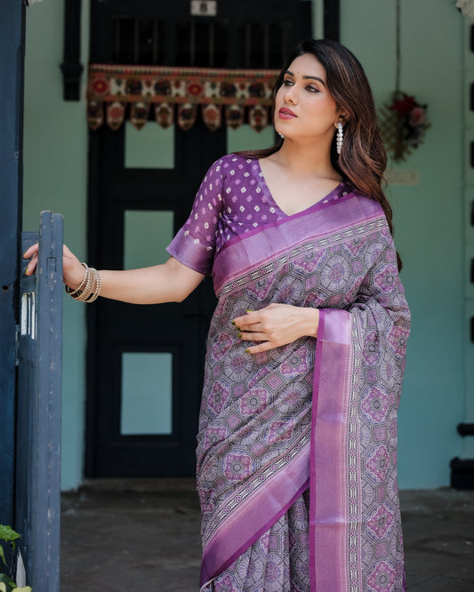 Elegant Purple Cotton Linen Saree with Geometric Motif and With Unstitched Blouse