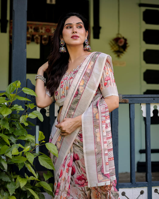 Elegant Floral Print Pure Cotton Linen Saree in Ivory with Multicolor Florals and Tassels With Unstitched Blouse