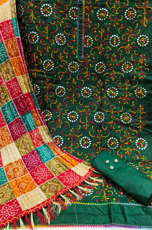 Cotton Dress Material Set for Women with Chinon Bandhani Print Dupatta | Unstitched Salwar Suit Fabric (Top 1.9m, Bottom 2m, Dupatta 2.1m)