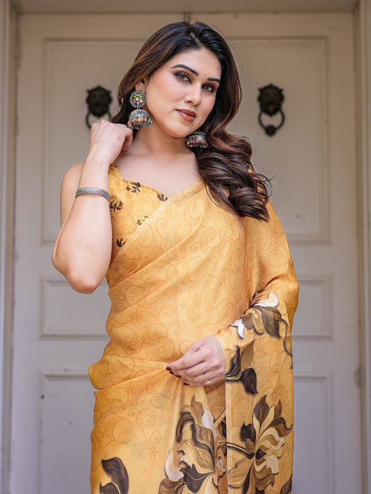 Mustard Floral Printed Satin Georgette Saree for Women with Designer Blouse | Elegant Soft Party Wear Saree