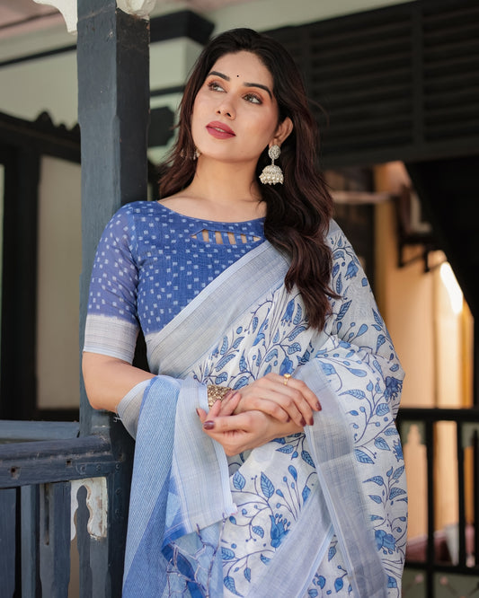 Blue and White Floral Pure Cotton Linen Saree and Tassels With Unstitched Blouse