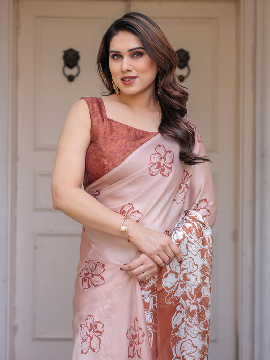 Peach Satin Georgette Floral Printed Saree with Rust Blouse for Women | Elegant Designer Party Wear Saree