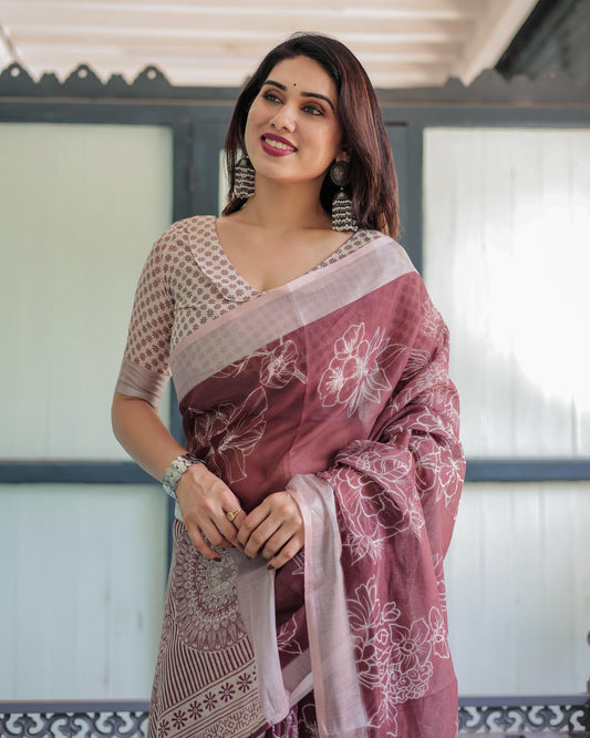 Maroon Floral Printed Pure Cotton Linen Saree and Tassels With Unstitched Blouse