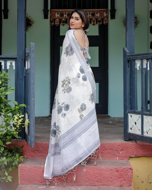 White and Grey Pure Cotton Linen Saree with Floral Print And Tassel Detailing With Unstitched Blouse