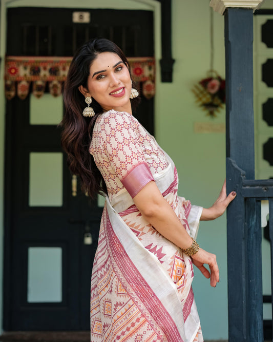 Cream and Maroon Geometric Printed Pure Cotton Linen Saree and Tassels With Unstitched Blouse