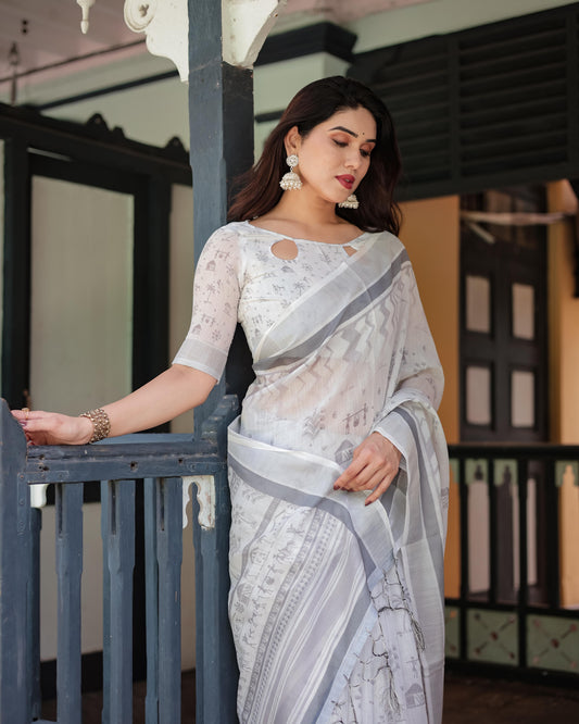 Elegant Pure Cotton Linen Saree with Intricate Grey and White Pattern, Complete and Tassels With Unstitched Blouse