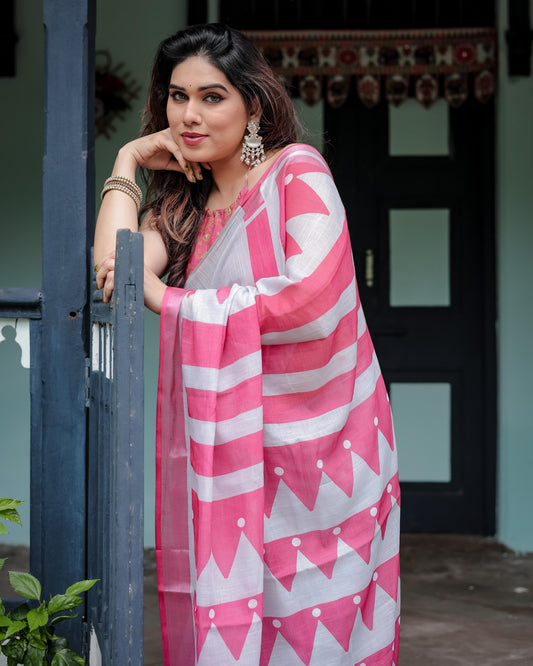 White and Pink Pure Cotton Linen Saree with Geometric Stripes And Tassel Detailing With Unstitched Blouse