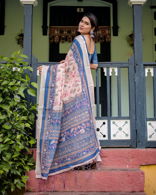Pure Cotton Linen Saree Blue Floral Border and Pink Leaf Design with Tassels on Edges With Unstitched Blouse