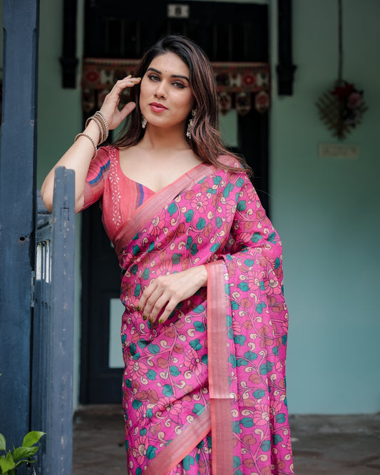 Magenta and Pink Pure Cotton Linen Saree with Floral and Paisley Block Print And Tassel Detailing With Unstitched Blouse