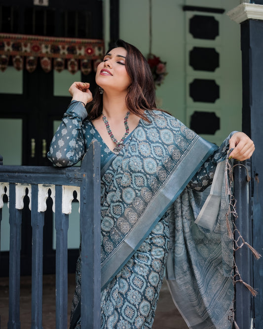 Teal Blue Pure Cotton Linen Saree with Geometric Block Print And Tassel Detailing With Unstitched Blouse