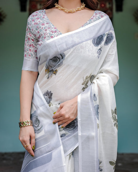 White and Grey Pure Cotton Linen Saree with Floral Print And Tassel Detailing With Unstitched Blouse