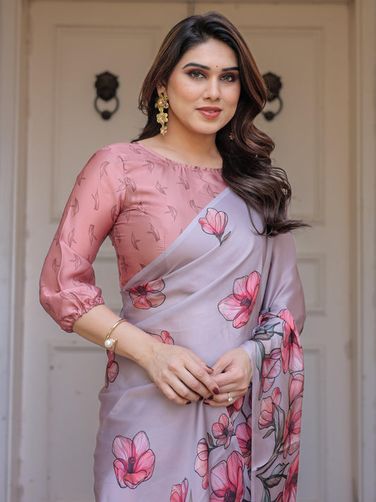 Lavender Satin Georgette Floral Printed Saree with Rose Pink Blouse for Women | Elegant Soft Party Wear Designer Saree