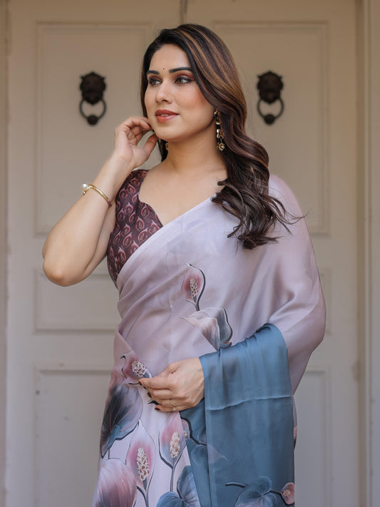 Grey Floral Print Satin Georgette Saree with Designer Blouse for Women | Elegant Soft Party Wear Saree