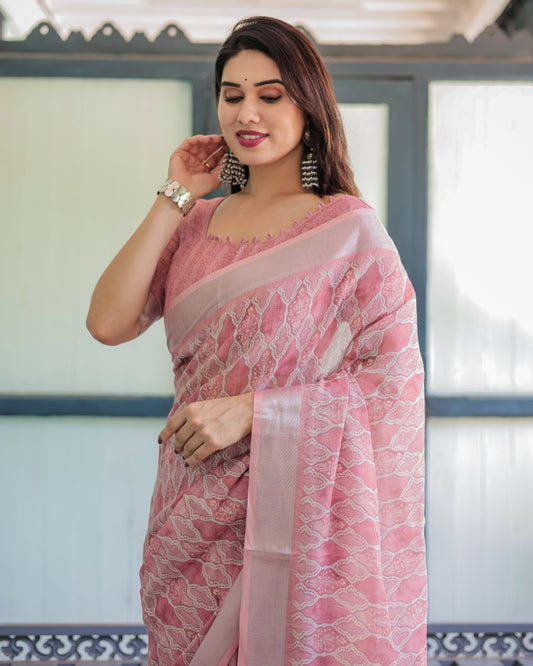 Elegant Rose Pink Pure Cotton Linen Saree with White Thread Work Matching And Tassel Edges With Unstitched Blouse