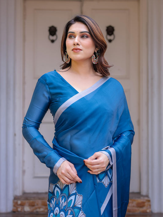 Teal Blue Printed Satin Georgette Saree for Women with Designer Blouse | Elegant Party Wear Saree