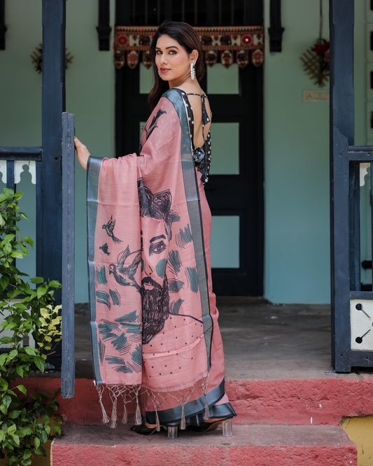 Blush Pink Pure Cotton Linen Saree with Contrast Polka Dot and Tassel Detailing With Unstitched Blouse