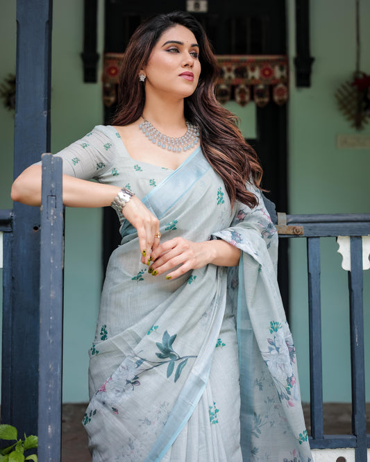 Pastel Grey Pure Cotton Linen Saree with Floral Print, , and Tassel Detailing With Unstitched Blouse