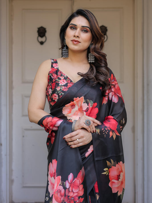 Black Floral Print Satin Georgette Saree with Red Flower Design | Elegant Designer Party Wear Saree