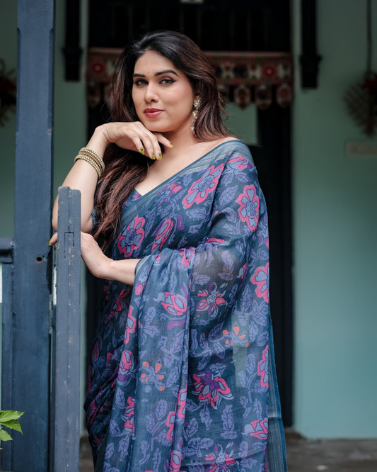 Navy Blue Pure Cotton Linen Saree with Floral Print, , and Tassel Detailing With Unstitched Blouse