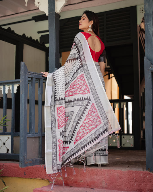 Black and White Geometric Pattern Pure Cotton Linen Saree with Red Accents And Tassel Details With Unstitched Blouse