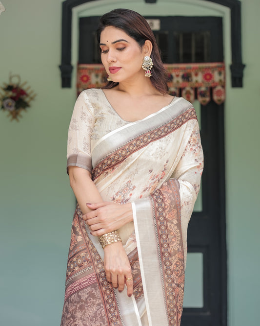 Ivory Beige Linen Printed Saree with Traditional Border Design and Tassel Detailing with Unstitched Blouse for Women
