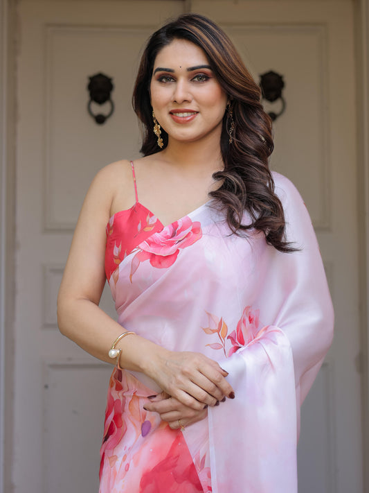 Baby Pink Floral Print Satin Georgette Saree with Designer Blouse for Women | Elegant Party Wear Saree