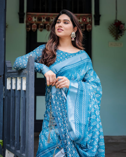 Turquoise Pure Cotton Linen Saree with White Floral Design, , and Tassel Edges With Unstitched Blouse