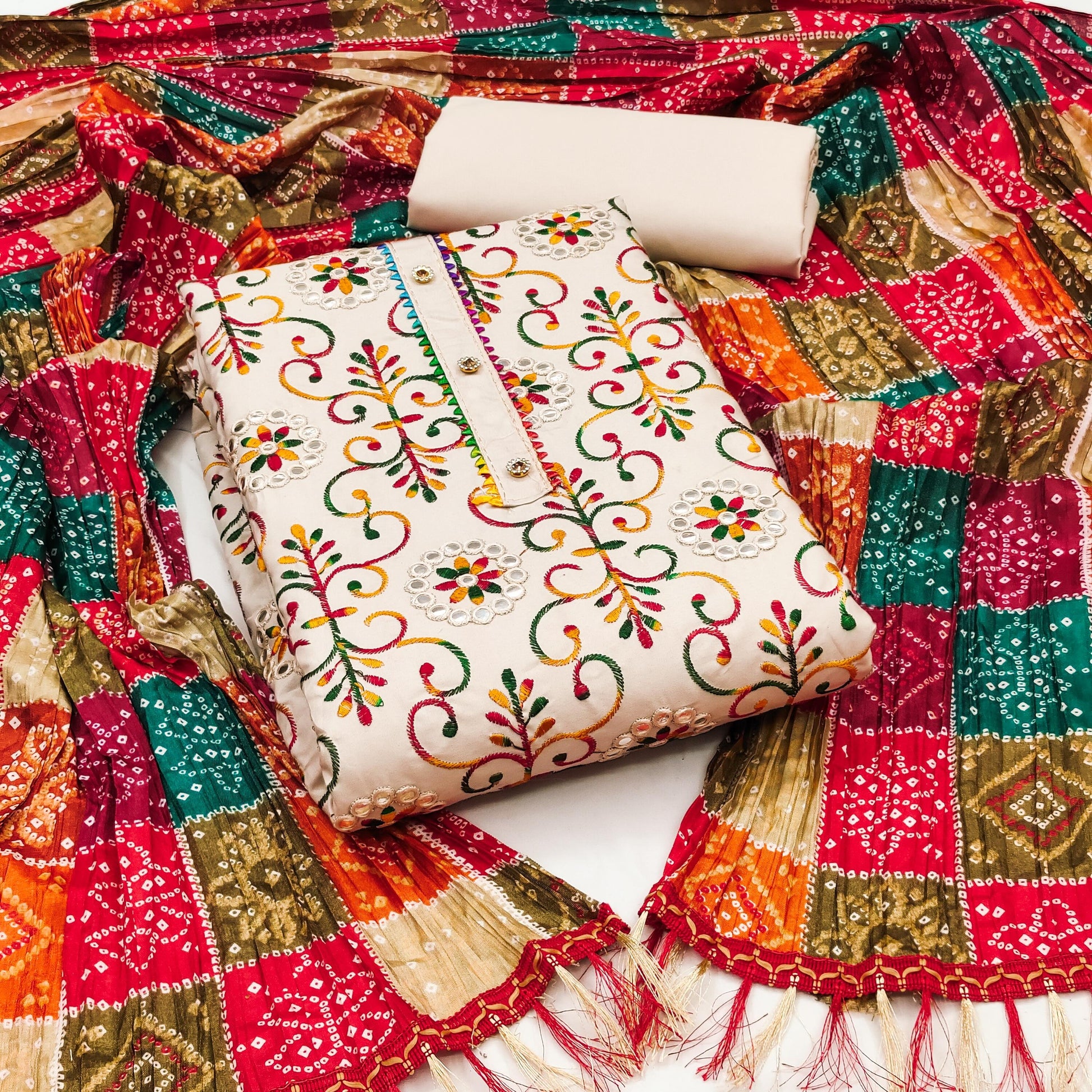 Cotton Dress Material Set for Women with Chinon Bandhani Print Dupatta | Unstitched Salwar Suit Fabric (Top 1.9m, Bottom 2m, Dupatta 2.1m)