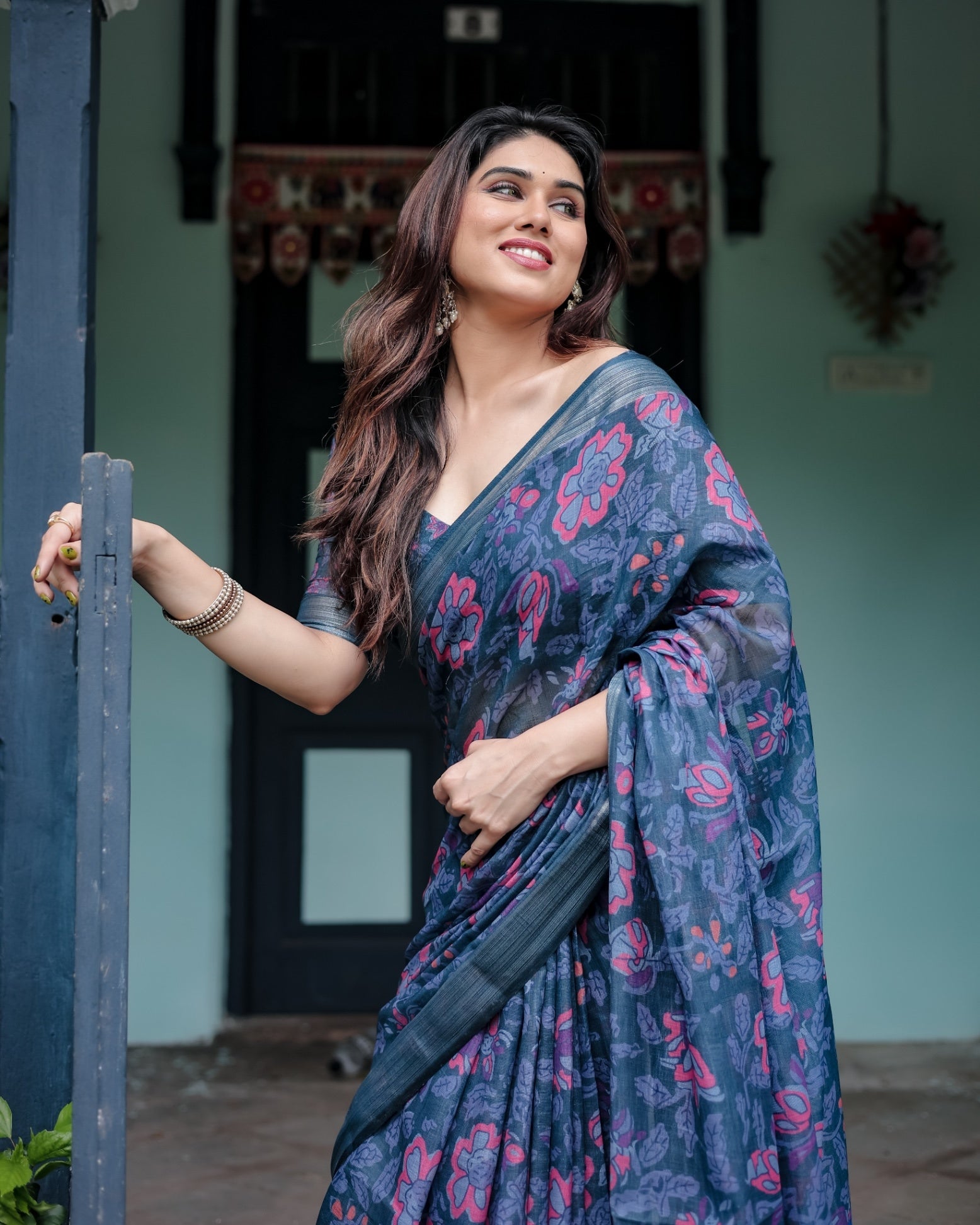 Navy Blue Pure Cotton Linen Saree with Floral Print, , and Tassel Detailing With Unstitched Blouse