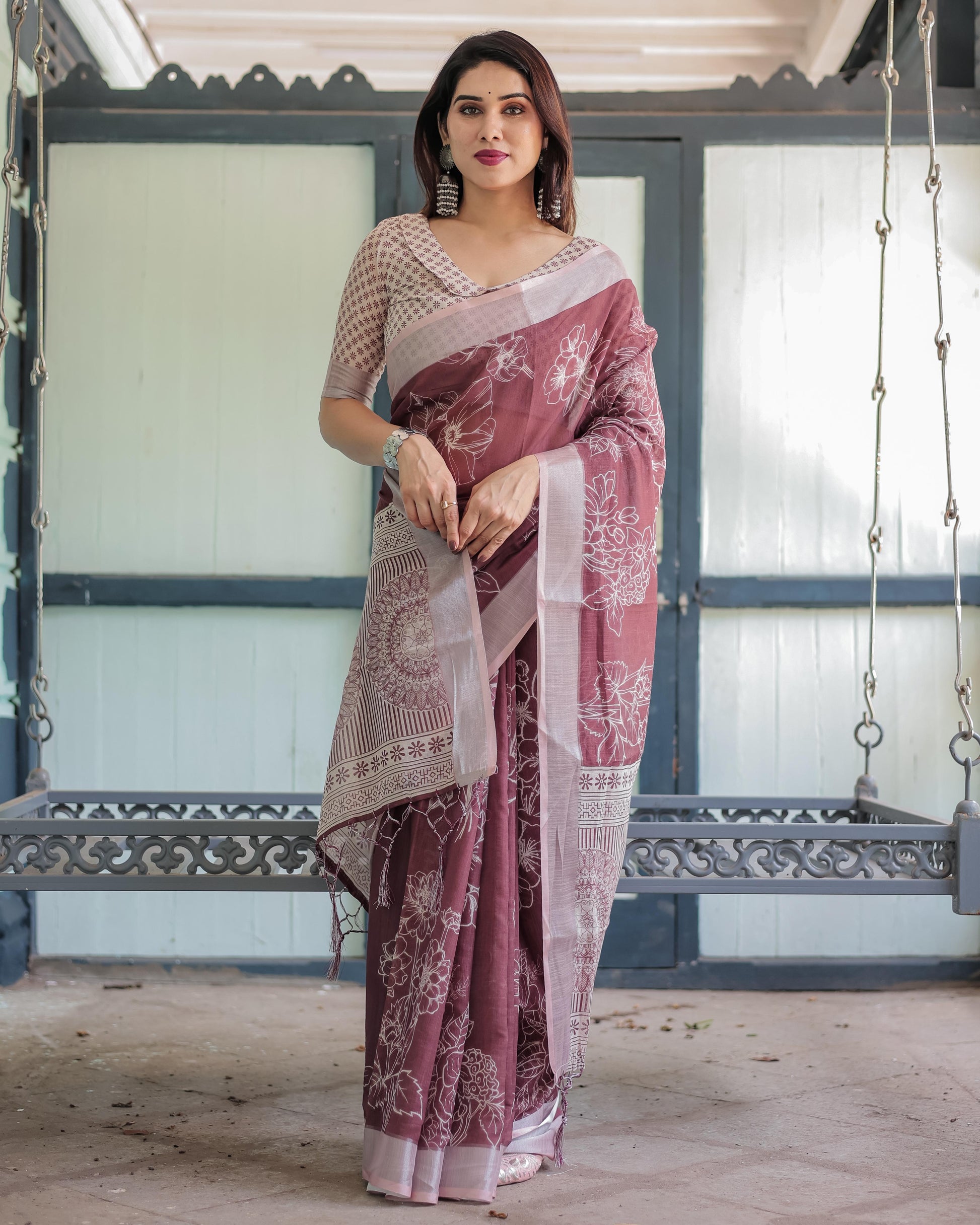 Maroon Floral Printed Pure Cotton Linen Saree and Tassels With Unstitched Blouse