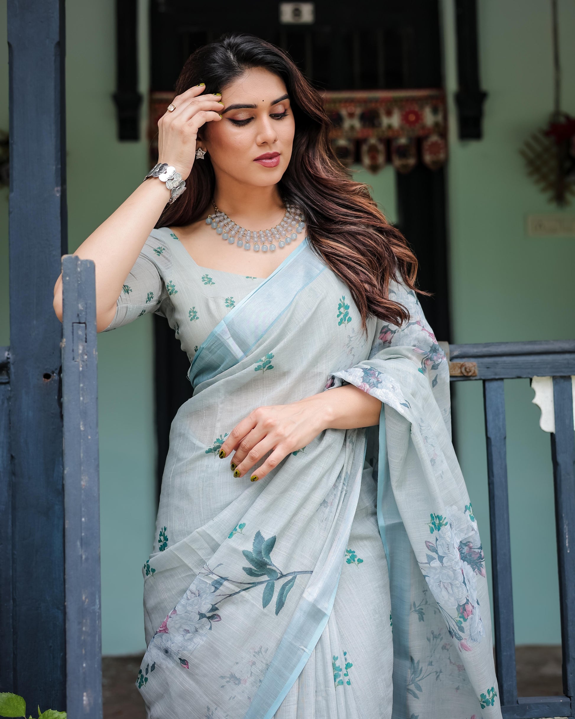 Pastel Grey Pure Cotton Linen Saree with Floral Print, , and Tassel Detailing With Unstitched Blouse