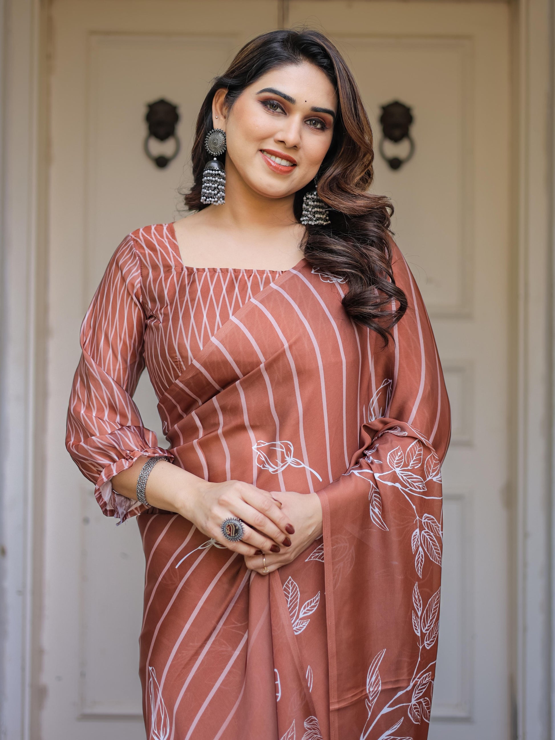 Rust Brown Striped Printed Satin Georgette Saree with Designer Blouse | Elegant Party Wear Saree for Women